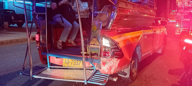 หกล้อชนท้ายสองแถว เจ็บ 5 ราย คนขับอ้างสองแถวหักออกกะทันหันหวังแซงรถบัส