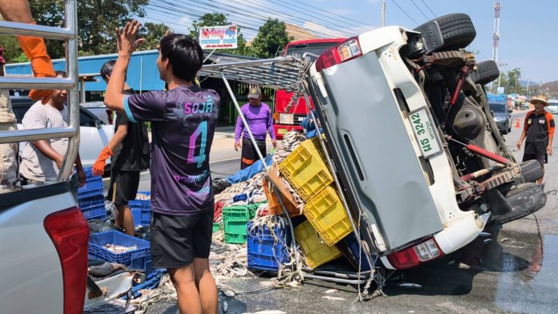 กระบะขนปลา ยางระเบิดพลิกคว่ำ ปลาเกลื่อนถนน