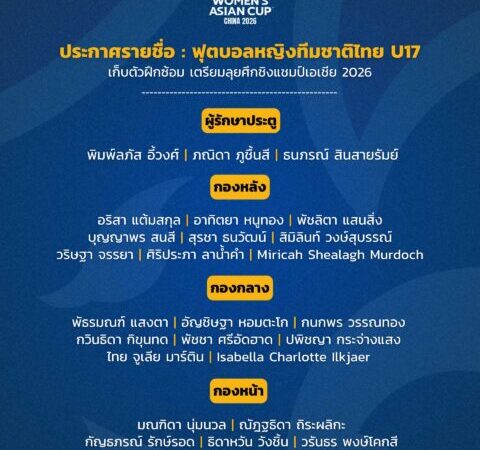 ประกาศ : รายชื่อ 27 แข้ง ฟุตบอลหญิงทีมชาติไทย U17 เก็บตัวฝึกซ้อม เตรียมลุยศึกชิงแชมป์เอเชีย 2026