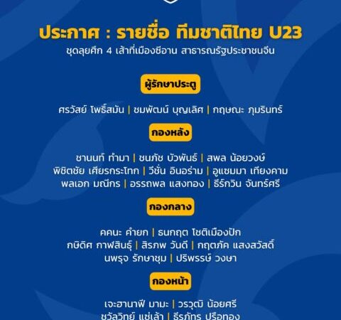 OFFICIAL! ประกาศ : รายชื่อ 23 แข้ง ทีมชาติไทย U23 ชุดลุยศึก 4 เส้าที่เมือง ซีอาน สาธารณรัฐประชาชนจีน