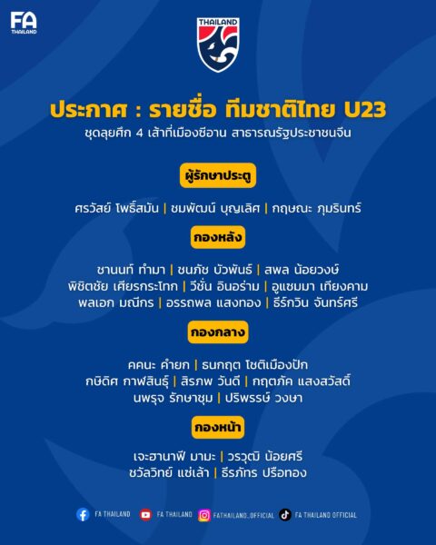 OFFICIAL! ประกาศ : รายชื่อ 23 แข้ง ทีมชาติไทย U23 ชุดลุยศึก 4 เส้าที่เมือง ซีอาน สาธารณรัฐประชาชนจีน