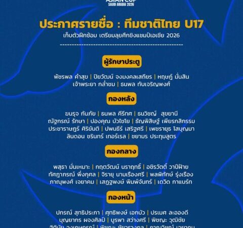 OFFICIAL! ประกาศ : รายชื่อ 34 แข้ง ฟุตบอลชายทีมชาติไทย U17 เก็บตัวฝึกซ้อม เตรียมลุยศึกชิงแชมป์เอเชีย 2026