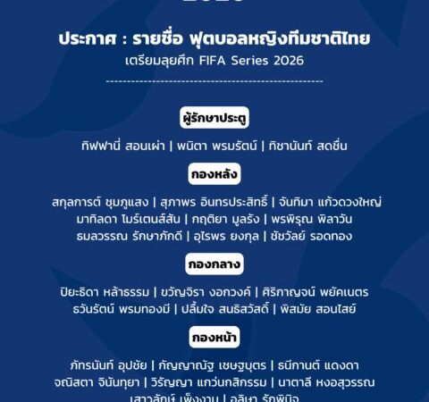 ประกาศ : รายชื่อ 26 แข้ง ฟุตบอลหญิงทีมชาติไทย เตรียมลุยศึก FIFA Series 2026 ที่ประเทศไทย