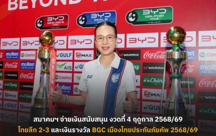 สมาคมฯ จ่ายเงินสนับสนุน งวดที่ 4 ฤดูกาล 2568/69 ให้สโมสรไทยลีก 2-3 และเงินรางวัล BGC เมืองไทยประกันภัยคัพ 2568/69