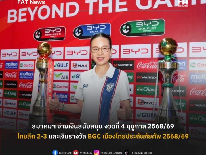 สมาคมฯ จ่ายเงินสนับสนุน งวดที่ 4 ฤดูกาล 2568/69 ให้สโมสรไทยลีก 2-3 และเงินรางวัล BGC เมืองไทยประกันภัยคัพ 2568/69