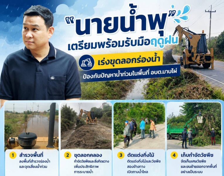 “นายน้ำพุ” ลุยขุดลอกร่องน้ำ เตรียมรับมือฤดูฝน ป้องกันน้ำท่วมพื้นที่ อบต.มาบไผ่