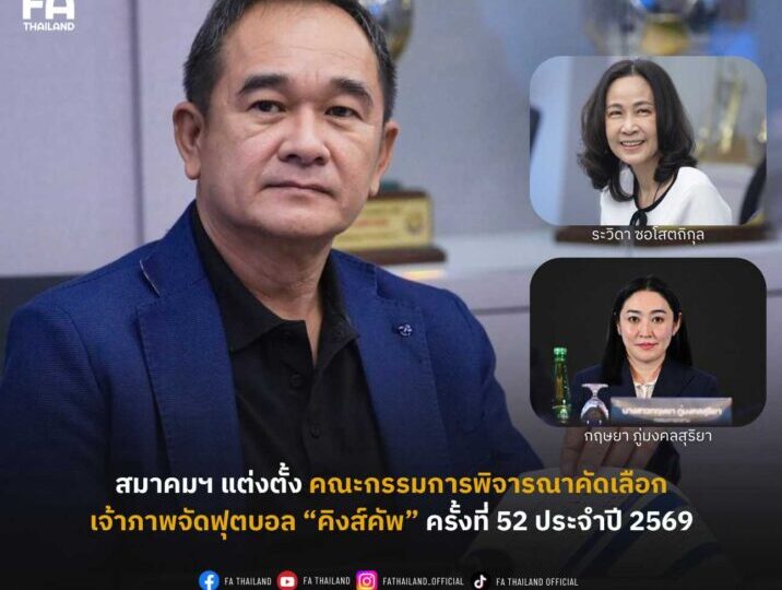 สมาคมฯ ประกาศแต่งตั้งคณะกรรมการพิจารณาคัดเลือกเจ้าภาพ ฟุตบอล ชิงถ้วยพระราชทาน “คิงส์คัพ” ครั้งที่ 52 ประจำปี 2569