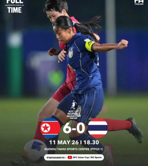 ฟุตบอลหญิงไทย U17 พ่าย เกาหลีเหนือ 0-6 รอบแปดทีมสุดท้ายศึกชิงแชมป์เอเชีย