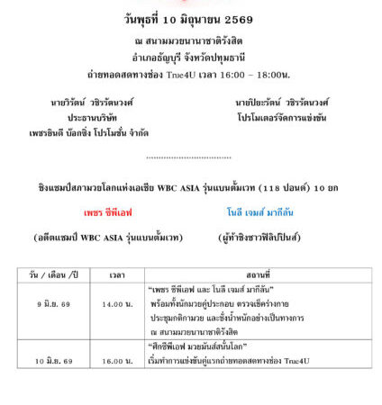 เสี่ยตังค์ โปรโมเตอร์ปิยะรัตน์ วชิรรัตนวงศ์ เตรียมระเบิดศึกCPFมวยมันส์สนั่นโลก ในวันพุธที่10มิถุนายน 2569 ณ เวทีมวยนานาชาติรังสิต จ.ปทุมธานี ชูโรงคู่เอก เพชร ซีพีเอฟ ชิงแชมป์สภามวยโลกแห่งเอเชีย WBC ASIA รุ่นแบนตั้มเวท 118 ปอนด์ พบ โนลีเจมส์ มากีลัน (ฟิลิปปินส์)พร้อมคู่มวยประกอบรายการรวมทั้งหมด4คู่ ยิงสดเวลา16.00-18.00น.(ชมฟรี)