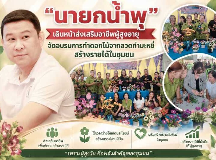 “นายกน้ำพุ” เดินหน้าส่งเสริมอาชีพผู้สูงอายุจัดอบรมการทำดอกไม้จากลวดกำมะหยี่สร้างรายได้สร้างคุณค่า และสร้างความสุขในชุมชน
