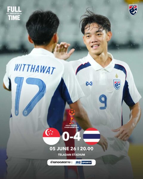 ทีมชาติไทย U19 เอาชนะ สิงคโปร์ 4-0 คว้าชัยสองนัดรวดศึกชิงแชมป์อาเซียน