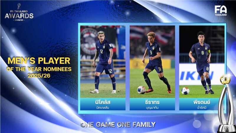 “มิคเกลสัน-ธีราทร-พีรดนย์” ลุ้นรางวัลนักฟุตบอลชายยอดเยี่ยมแห่งปี MEN’S PLAYER OF THE YEAR 2025/26
