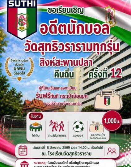 ชมรมบอล“วัดสุทธิฯ”เตรียมจัดงานพี่พบน้อง ครั้งที่ 12 รวมดาวดังอดีตทีมชาติ ถ่ายทอดประสบการณ์ให้ยช.