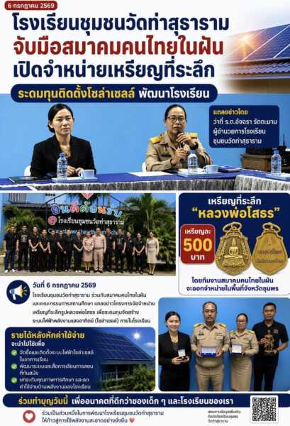 ชุมพร-โรงเรียนชุมชนวัดท่าสุธาราม จับมือสมาคมคนไทยในฝัน จัดทำเหรียญที่ระลึกหลวงพ่อโสธร ระดมทุนติดตั้งระบบโซล่าเซลล์ พัฒนาสื่อการเรียนการสอน