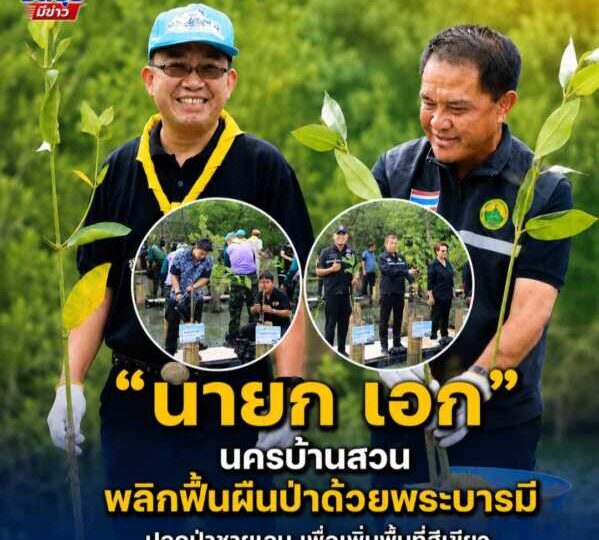 เทศบาลนครบ้านสวนจัดโครงการพลิกฟื้นผืนป่าด้วยพระบารมี ปลูกป่าชายเลน เพื่อเพิ่มพื้นพื้นที่สีเขียว