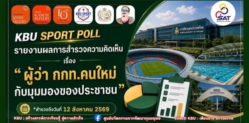 KBU SPORT POLLL รายงานผลการสำรวจความคิดเห็น เรื่อง“ผู้ว่ากกท.คนใหม่กับมุมมองของประชาชน” โพลชี้ โปรดปราน เต็งนั่งเก้าอี้ผู้ว่ากกท. หวังผู้ว่าคนใหม่พัฒนาและยกระดับคุณภาพกีฬาสู่มาตรฐานสากล