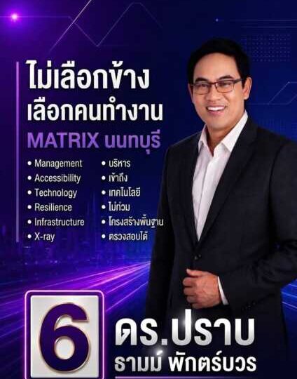ดร.ปราบ ลงชิงนายกอบจ.นนทบุรี พร้อมชู“Matrix นนทบุรี” ไม่เลือกข้างเลือกคนทำงาน ดร.ปราบ ธามม์ พักตร์บวร ตัดสินใจสมัครลงนายกอบจ.นนทบุรี