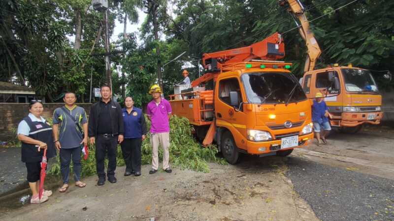 ฝนตกลมแรงนานนับชั่วโมง ต้นไม้ขนาดใหญ่หักล้มทับหม้อแปลงไฟฟ้าแรงสูง ไฟดับเป็นวงกว้าง เจ้าหน้าที่เร่งตัดกระแสไฟฟ้าและเคลียร์พื้นที่ คาดใช้เวลา 1-2 ชั่วโมง