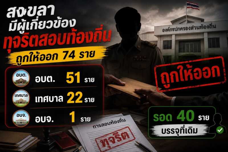 สงขลามีผู้กี่ยวข้องทุจริตสอบท้องถิ่นถูกให้ออก 74 ราย อบต.51 ราย เทศบาล 22 ราย อบจ.1 ราย รอด 40 ราย บรรจุที่เดิม วันที่ 31 ส.ค.ดีเดย์ “นิพิฎฐ์” สร้างความเป็นธรรมทางโอกาสข้าราชการที่ถูกให้ออก