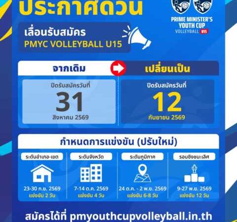 📢 ประกาศด่วน! PMYC Volleyball U15  ขยายเวลาเปิดรับสมัคร เพื่อเปิดโอกาสให้ทุกทีมได้เตรียมความพร้อมอย่างเต็มที่ 🏐🔥