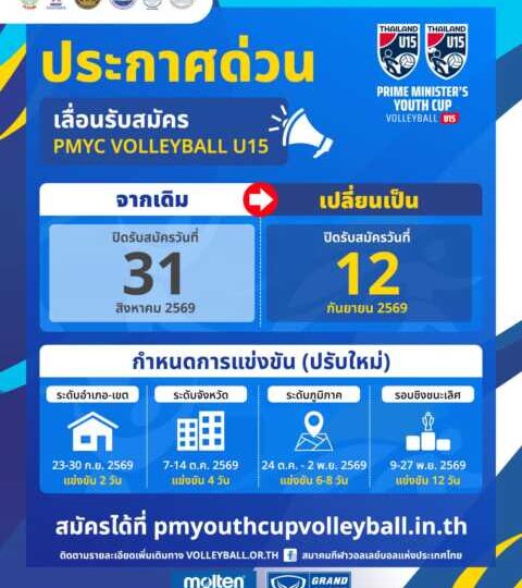 📢 ประกาศด่วน! PMYC Volleyball U15  ขยายเวลาเปิดรับสมัคร เพื่อเปิดโอกาสให้ทุกทีมได้เตรียมความพร้อมอย่างเต็มที่ 🏐🔥