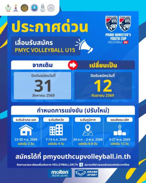 📢 ประกาศด่วน! PMYC Volleyball U15  ขยายเวลาเปิดรับสมัคร เพื่อเปิดโอกาสให้ทุกทีมได้เตรียมความพร้อมอย่างเต็มที่ 🏐🔥