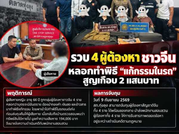 รวบ 4 ชาวจีน อ้างทำพิธีแก้เคราะห์ หลอกหญิงวัย 66 ปี สูญทอง-เงินกว่า 1.9 แสนบาท
